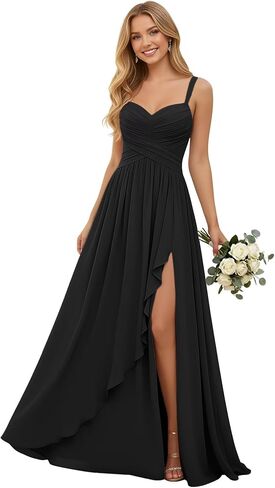 Pleated Chiffon V Neck Bridesmaid Dresses for Women Long Spaghetti Straps Wedding Guest Dress with Ruffled Slit in Kuwait