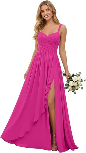 Pleated Chiffon V Neck Bridesmaid Dresses for Women Long Spaghetti Straps Wedding Guest Dress with Ruffled Slit in Kuwait