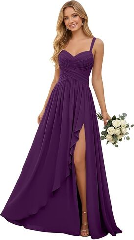 Pleated Chiffon V Neck Bridesmaid Dresses for Women Long Spaghetti Straps Wedding Guest Dress with Ruffled Slit in Kuwait