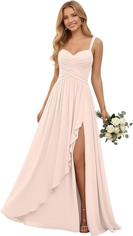 Pleated Chiffon V Neck Bridesmaid Dresses for Women Long Spaghetti Straps Wedding Guest Dress with Ruffled Slit in Kuwait