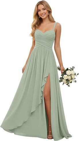 Pleated Chiffon V Neck Bridesmaid Dresses for Women Long Spaghetti Straps Wedding Guest Dress with Ruffled Slit in Kuwait