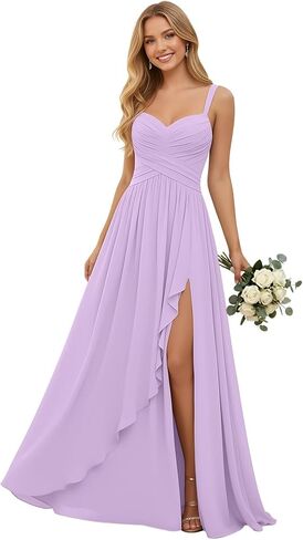 Pleated Chiffon V Neck Bridesmaid Dresses for Women Long Spaghetti Straps Wedding Guest Dress with Ruffled Slit in Kuwait
