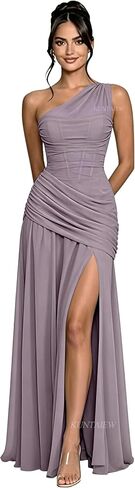 One Shoulder Bridesmaid Dresses for Women Long Chiffon Formal Dress for Wedding A Line Evening Gown with Slit in Kuwait