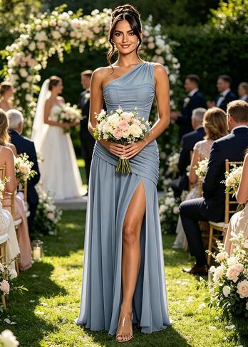 One Shoulder Bridesmaid Dresses for Women Long Chiffon Formal Dress for Wedding A Line Evening Gown with Slit in Kuwait