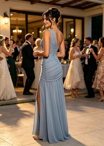 One Shoulder Bridesmaid Dresses for Women Long Chiffon Formal Dress for Wedding A Line Evening Gown with Slit in Kuwait