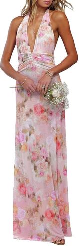 Women Halter Backless Dress Deep V Neck Open Back Mesh Maxi Dress Beach Vacation Wedding Guest in Saudi Arabia
