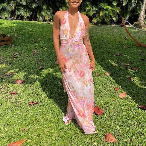 Women Halter Backless Dress Deep V Neck Open Back Mesh Maxi Dress Beach Vacation Wedding Guest in Saudi Arabia