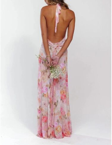 Women Halter Backless Dress Deep V Neck Open Back Mesh Maxi Dress Beach Vacation Wedding Guest in Saudi Arabia