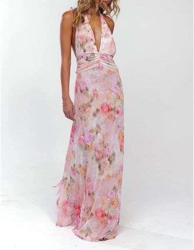 Women Halter Backless Dress Deep V Neck Open Back Mesh Maxi Dress Beach Vacation Wedding Guest in Saudi Arabia