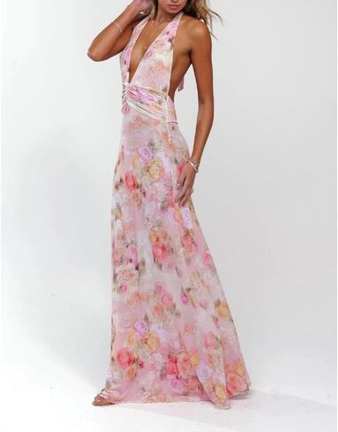 Women Halter Backless Dress Deep V Neck Open Back Mesh Maxi Dress Beach Vacation Wedding Guest in Saudi Arabia