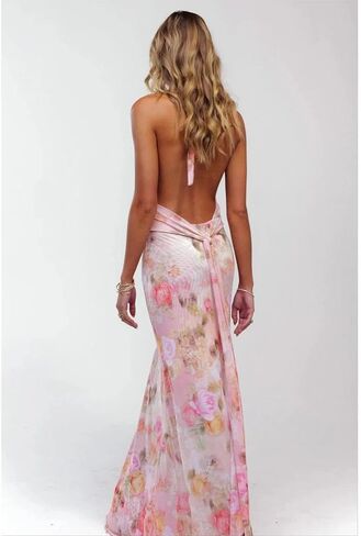 Women Halter Backless Dress Deep V Neck Open Back Mesh Maxi Dress Beach Vacation Wedding Guest in Saudi Arabia