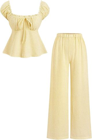 Cakaner Tween Girls Summer Outfit 2 Piece Set Short Sleeve Top & Wide Leg Pants Casual Striped Clothes Size 8-13 in Kuwait