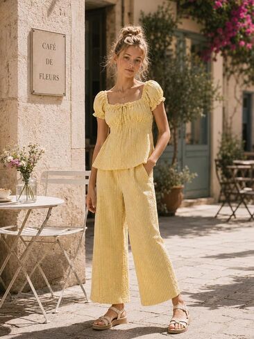 Cakaner Tween Girls Summer Outfit 2 Piece Set Short Sleeve Top & Wide Leg Pants Casual Striped Clothes Size 8-13 in Kuwait