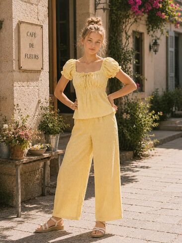 Cakaner Tween Girls Summer Outfit 2 Piece Set Short Sleeve Top & Wide Leg Pants Casual Striped Clothes Size 8-13 in Kuwait