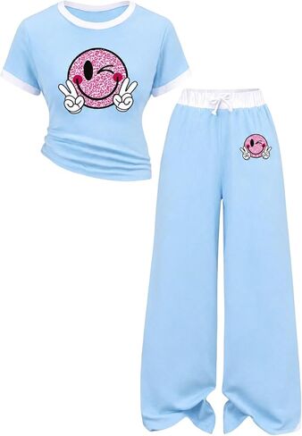 Girls 2-Piece Outfits Short Sleeve Smiling Print Top & Wide Leg Pants Summer Fashion Clothing Set Size 7-16 Years in Saudi Arabia