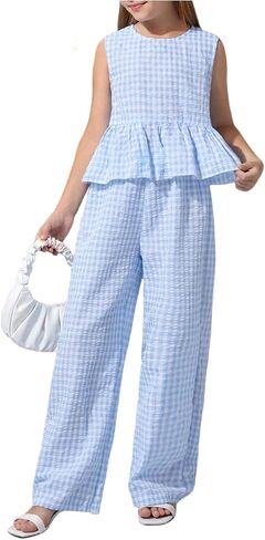 Floerns Girl's 2 Piece Vacation Outfit Gingham Ruffle Tank Peplum Top with Pants Set in Kuwait