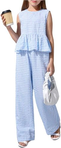Floerns Girl's 2 Piece Vacation Outfit Gingham Ruffle Tank Peplum Top with Pants Set in Kuwait
