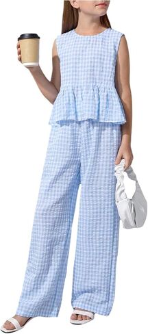 Floerns Girl's 2 Piece Vacation Outfit Gingham Ruffle Tank Peplum Top with Pants Set in Kuwait
