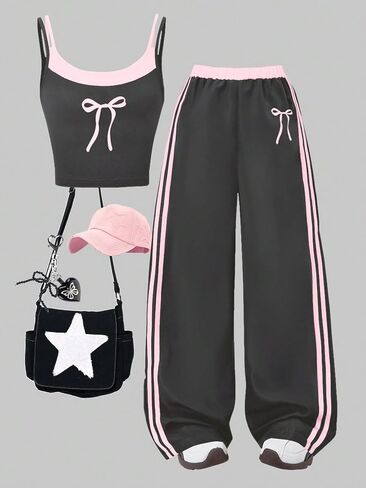 Girls' fashion new fake two-piece vest set, bow print, camisole vest paired with side pants and pink striped pants in Kuwait