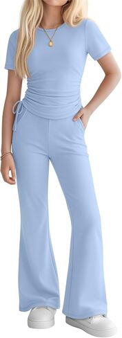 Girls' 2 Piece Outfits Short Sleeve Ruched Slim Fit Tops and Flared Pants Clothes Sets for Tween Age 5-14 Years in Kuwait