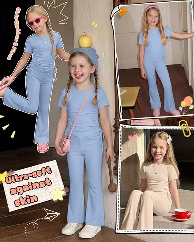Girls' 2 Piece Outfits Short Sleeve Ruched Slim Fit Tops and Flared Pants Clothes Sets for Tween Age 5-14 Years in Kuwait