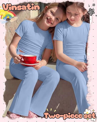 Girls' 2 Piece Outfits Short Sleeve Ruched Slim Fit Tops and Flared Pants Clothes Sets for Tween Age 5-14 Years in Kuwait