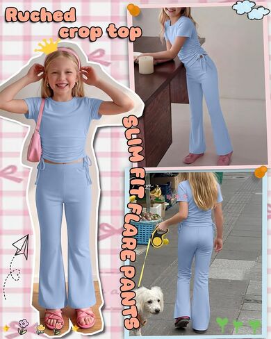 Girls' 2 Piece Outfits Short Sleeve Ruched Slim Fit Tops and Flared Pants Clothes Sets for Tween Age 5-14 Years in Kuwait