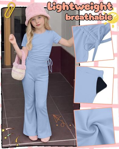 Girls' 2 Piece Outfits Short Sleeve Ruched Slim Fit Tops and Flared Pants Clothes Sets for Tween Age 5-14 Years in Kuwait