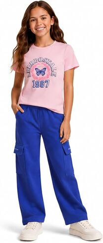 AEROPOSTALE Girls Pants Set - 2 Piece Short Sleeve Graphic Tee & Fleece Flare Cargo Pants Clothing Sets for Girls (Size 7-12) in Kuwait