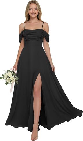 MellowVeil Women's Off Shoulder Chiffon Bridesmaid Dresses for Wedding Long Pleated Cowl Neck Formal Party Gowns with Slit in Kuwait