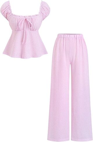 Cakaner Tween Girls Summer Outfit 2 Piece Set Short Sleeve Top & Wide Leg Pants Casual Striped Clothes Size 8-13 in Saudi Arabia