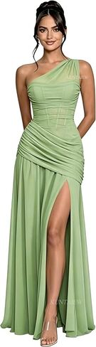 One Shoulder Bridesmaid Dresses for Women Long Chiffon Formal Dress for Wedding A Line Evening Gown with Slit in Kuwait