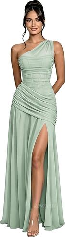 One Shoulder Bridesmaid Dresses for Women Long Chiffon Formal Dress for Wedding A Line Evening Gown with Slit in Kuwait