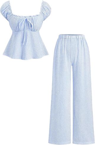 Cakaner Tween Girls Summer Outfit 2 Piece Set Short Sleeve Top & Wide Leg Pants Casual Striped Clothes Size 8-13 in Kuwait