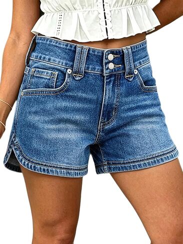 Flamingals Mid Waist Denim Shorts for Women Wash Dual Button Split Studded Casual Summer Trendy Jean Shorts with Pockets in Kuwait