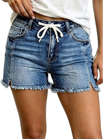 Flamingals Denim Shorts for Women Mid Rise Drawstring Split Raw Hem Stretchy Cargo Jean Shorts Summer Casual in Kuwait
