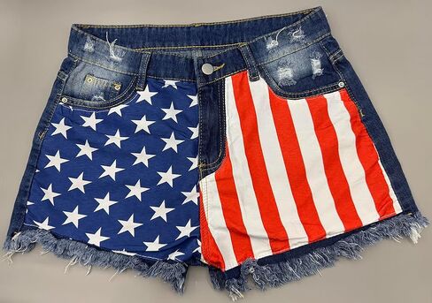 Women July 4th Denim Jean Shorts Stretchy Frayed Raw Hem Ripped American Flag Shorts in Kuwait