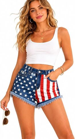 Women July 4th Denim Jean Shorts Stretchy Frayed Raw Hem Ripped American Flag Shorts in Kuwait