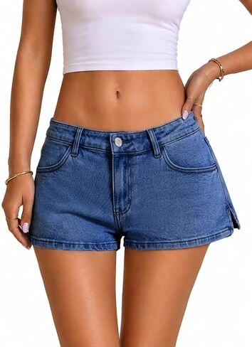 ELLEVEN شورت جينز منخفض الارتفاع للنساء، شورت Y2K Street Micro Jean مع فتحة جانبية للصيف in Kuwait