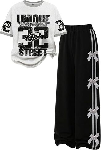 Azmxynol Tween Girls Clothes Short Sleeve Graphic Top + Wide Leg Pants 2pcs Outfit Set, Size 7-15Years in Saudi Arabia