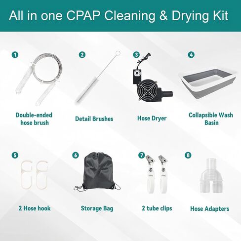 11 Pack CPAP Cleaning Kit – 78.7 in Extra-Thick Hose Brush, CPAP Hose Dryer Compatible with 22 mm Hoses, Collapsible Wash Basin, 2 CPAP Hose Holder Clips, Portable CPAP Cleaning Supplies (White) in Saudi Arabia