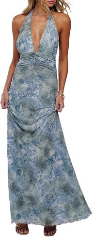 Women Halter Backless Dress Deep V Neck Open Back Mesh Maxi Dress Beach Vacation Wedding Guest in Saudi Arabia