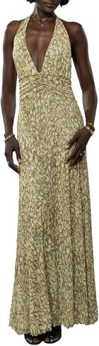 Women Halter Backless Dress Deep V Neck Open Back Mesh Maxi Dress Beach Vacation Wedding Guest in Saudi Arabia