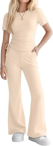 Girls' 2 Piece Outfits Short Sleeve Ruched Slim Fit Tops and Flared Pants Clothes Sets for Tween Age 5-14 Years in Kuwait