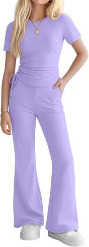Girls' 2 Piece Outfits Short Sleeve Ruched Slim Fit Tops and Flared Pants Clothes Sets for Tween Age 5-14 Years in Kuwait