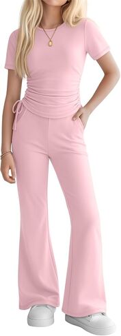 Girls' 2 Piece Outfits Short Sleeve Ruched Slim Fit Tops and Flared Pants Clothes Sets for Tween Age 5-14 Years in Kuwait