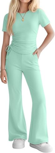 Girls' 2 Piece Outfits Short Sleeve Ruched Slim Fit Tops and Flared Pants Clothes Sets for Tween Age 5-14 Years in Kuwait