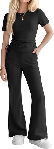 Girls' 2 Piece Outfits Short Sleeve Ruched Slim Fit Tops and Flared Pants Clothes Sets for Tween Age 5-14 Years in Kuwait