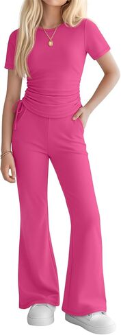 Girls' 2 Piece Outfits Short Sleeve Ruched Slim Fit Tops and Flared Pants Clothes Sets for Tween Age 5-14 Years in Kuwait