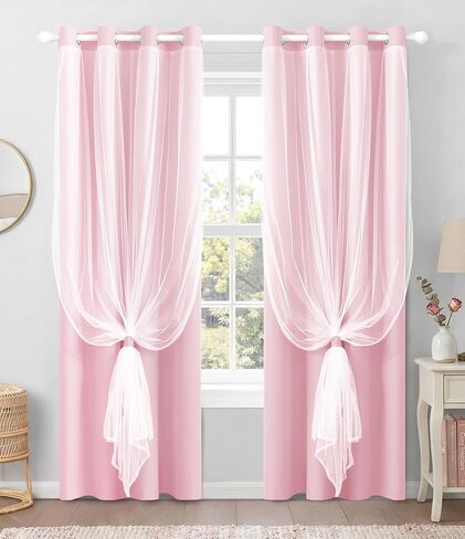 100% Blackout Curtains with Sheer Overlay, 2 Panels Thermal Insulated Double Layer Grommet Drapes for Girls Bedroom Living Room Darkening Apartment Windows Decor, 52" W x 84" L, Pink in Kuwait